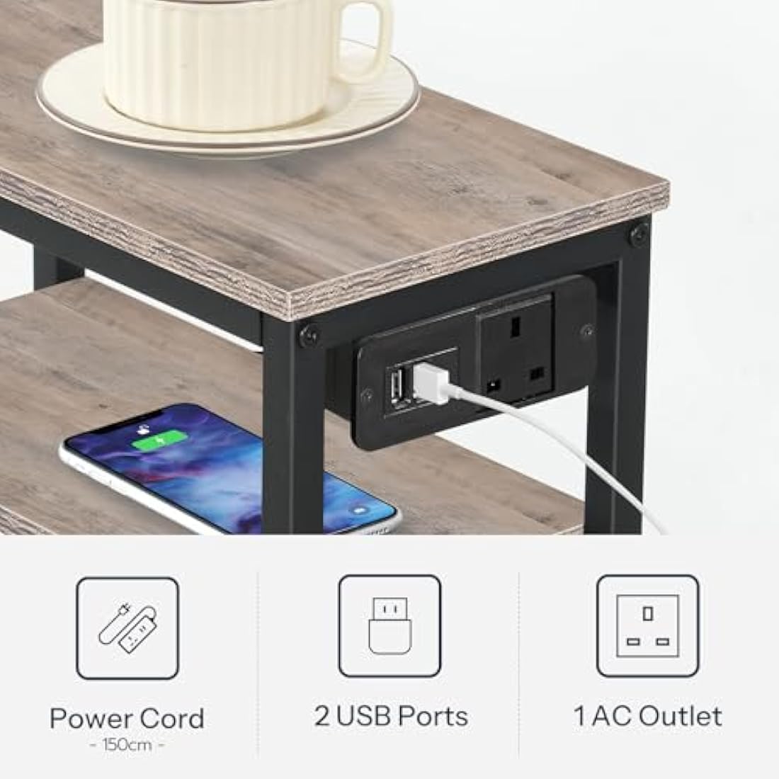 HOOBRO Narrow Side Table with Charging Station and USB Ports – Greige