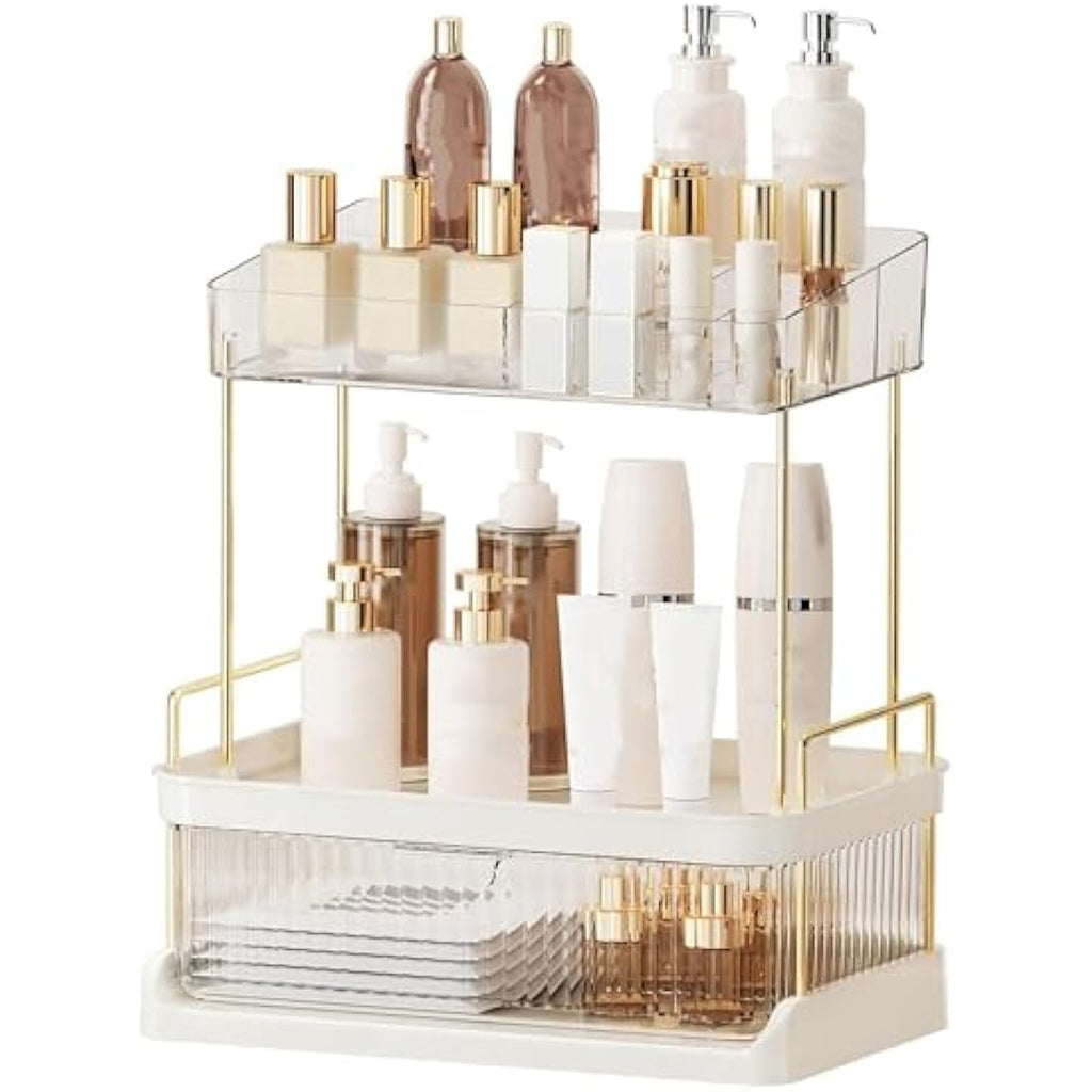 STORICANS Large Makeup Organiser with Drawer and Removable Tray – White