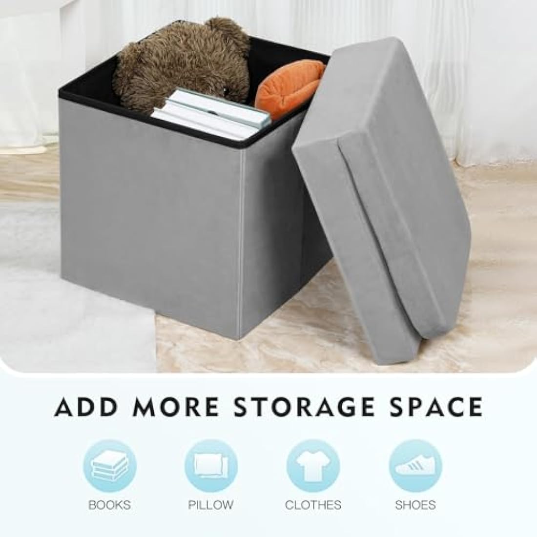 Grey Velvet Folding Storage Ottoman Chair with Backrest