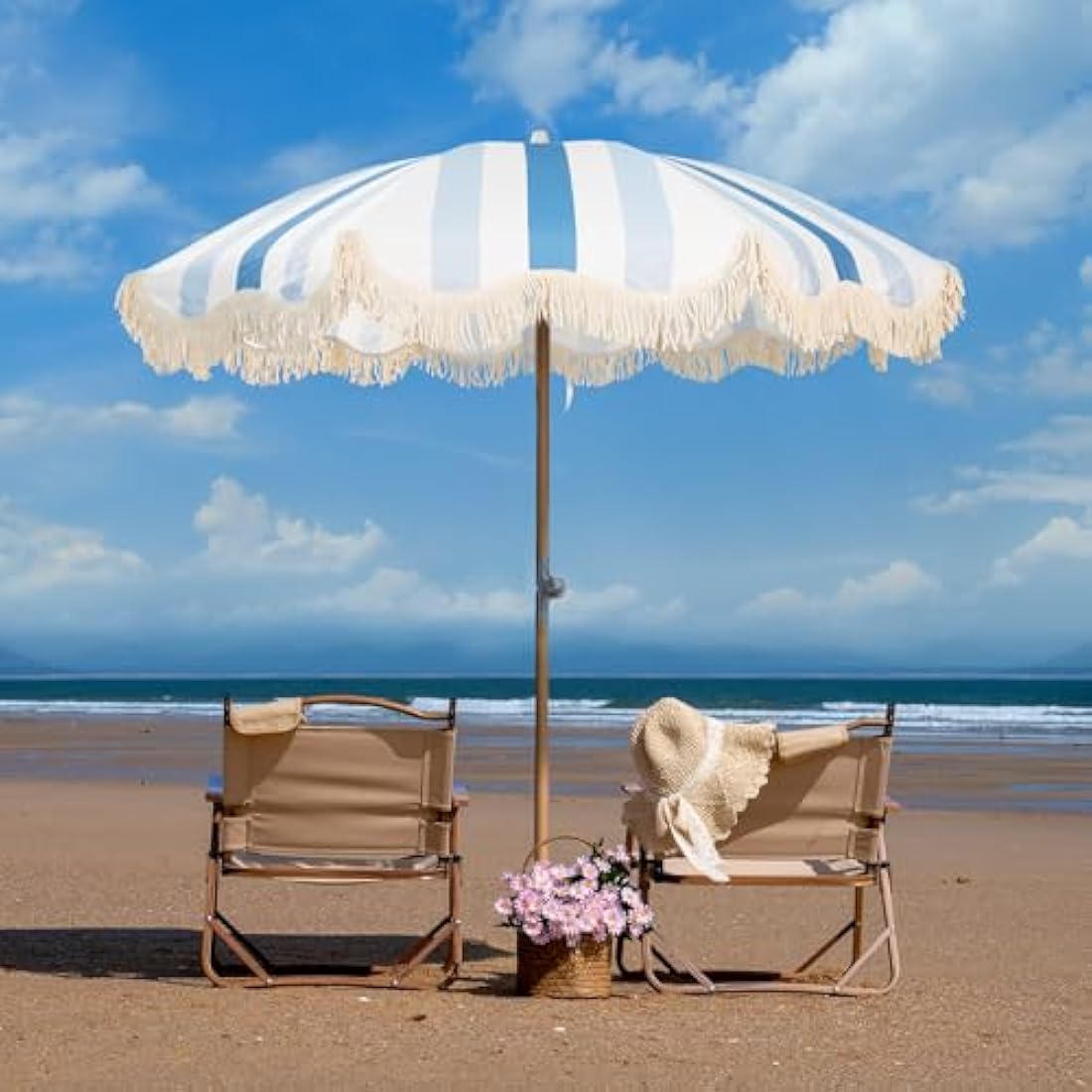 Mansader 2M Wood Garden Parasol | Boho Tassel Patio Umbrella UPF 50+