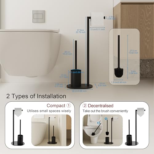 BVL Free Standing Toilet Roll Holder and Brush | Black Stainless Steel