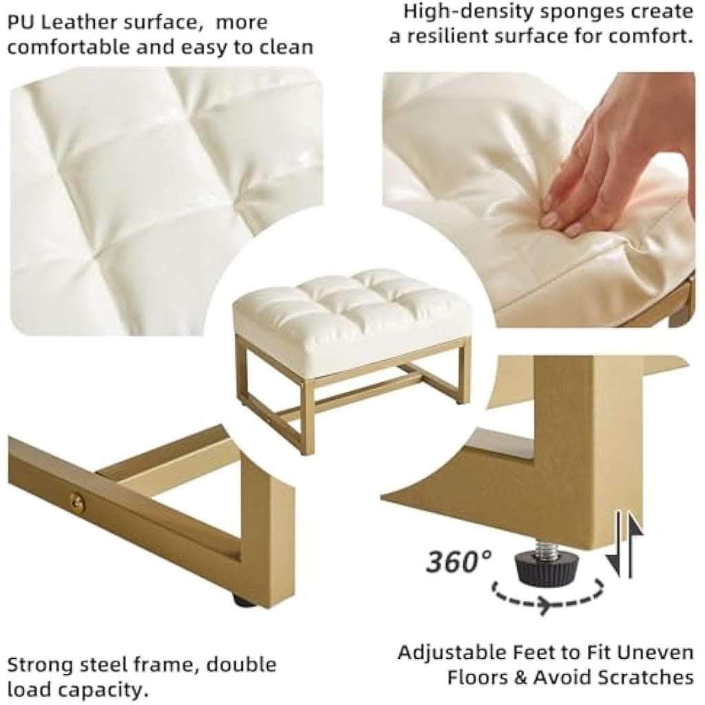 Aibiju White Faux Leather Footstool Ottoman with Gold Metal Frame