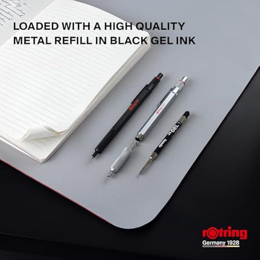 rOtring 600 Gel Pen | 0.5mm Black Ink | Black Metal Body Refillable Pen