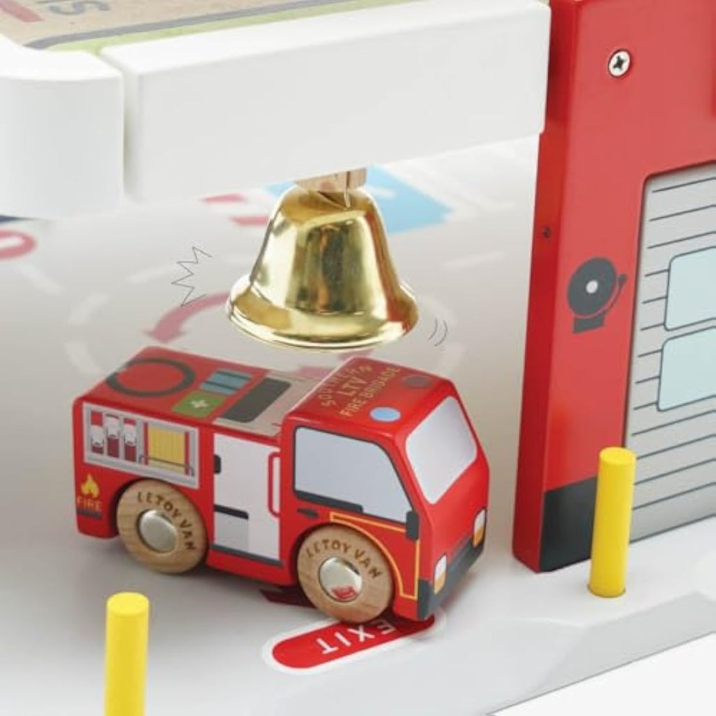 Le Toy Van Wooden 3 Storey Fire & Rescue Garage Toy Car Play Set