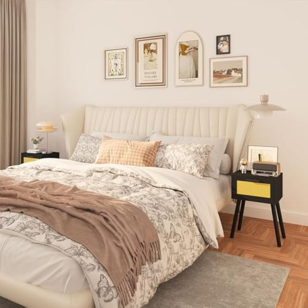 YMYNY Rattan Nightstand Set of 2 | Modern Side Table with Wood Legs