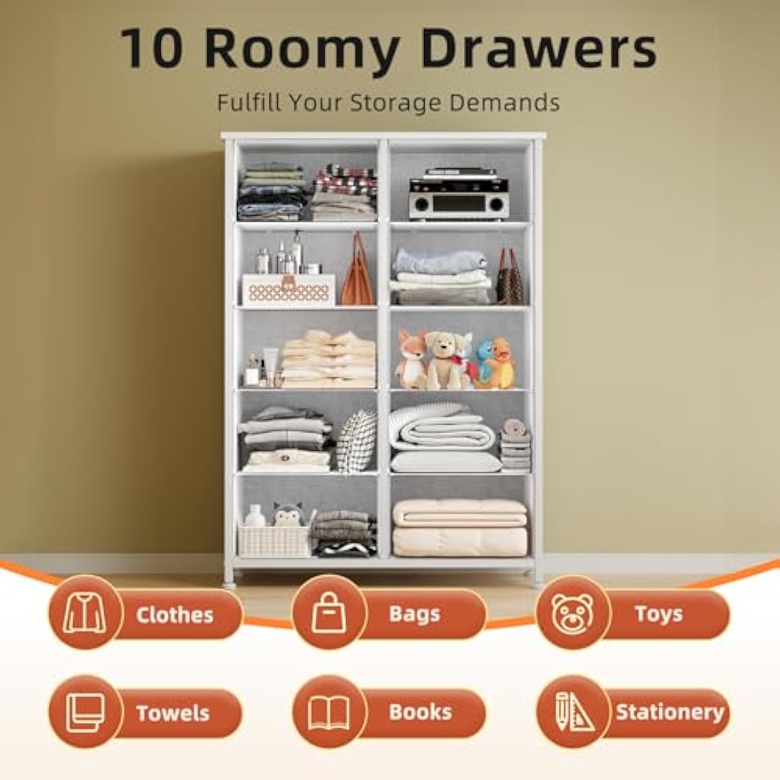 10-Drawer Fabric Chest of Drawers | Tall Storage Organizer