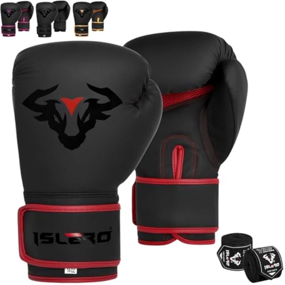 Islero EVO Matte Faux Leather Boxing Gloves with Hand Wraps – MMA Muay Thai
