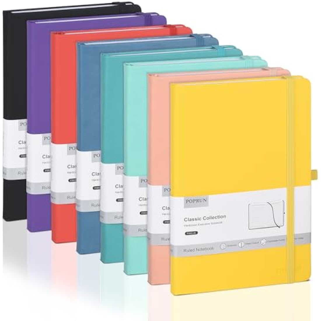 POPRUN A5 Lined Journal Notebook – 8 Pack Vegan Leather Hardcover