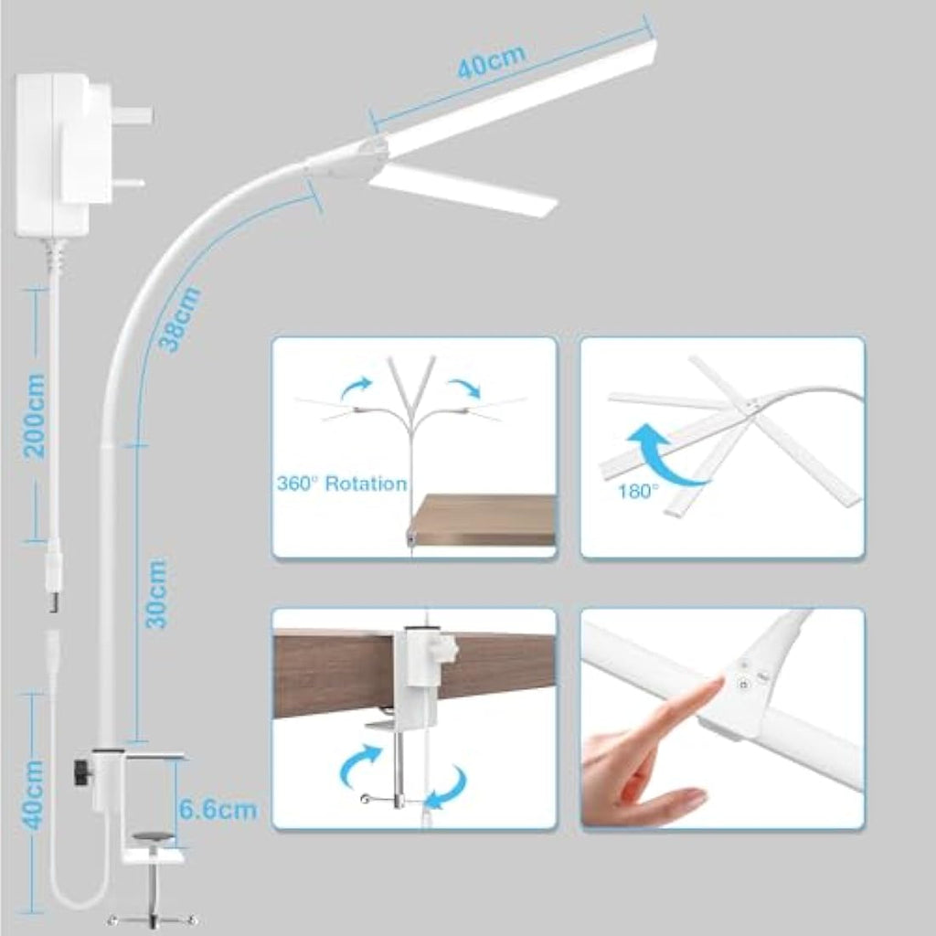 LED Desk Lamp – 80cm Double-Head Clamp Light with Gooseneck