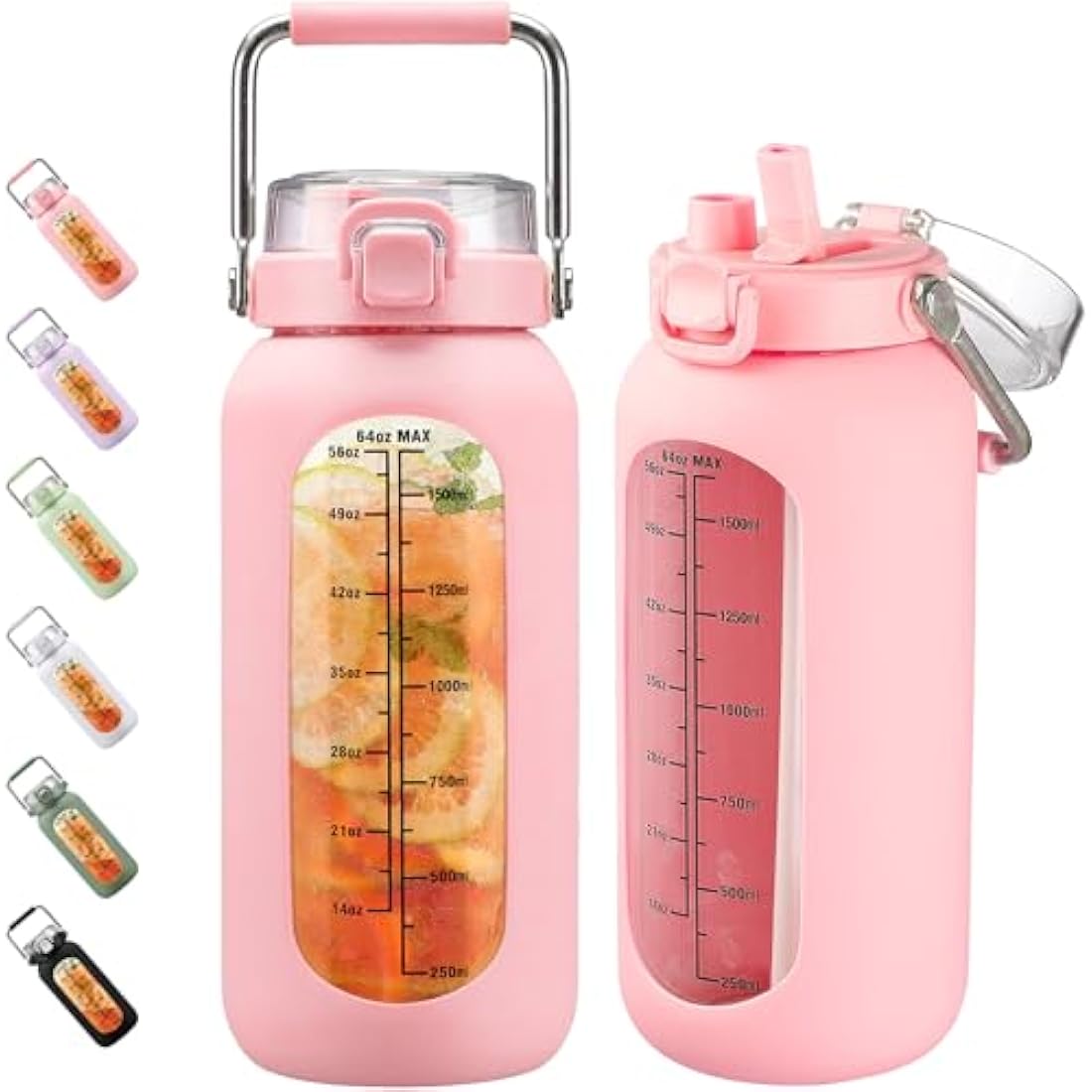BLUEGO 2L Glass Water Bottle with Time Marker and Straw – Pink