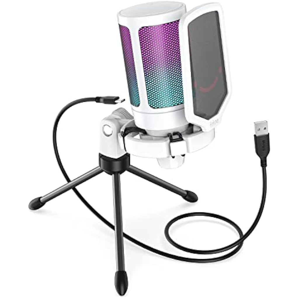 FIFINE A6V USB Gaming Microphone – RGB Condenser Mic with Shock Mount, White