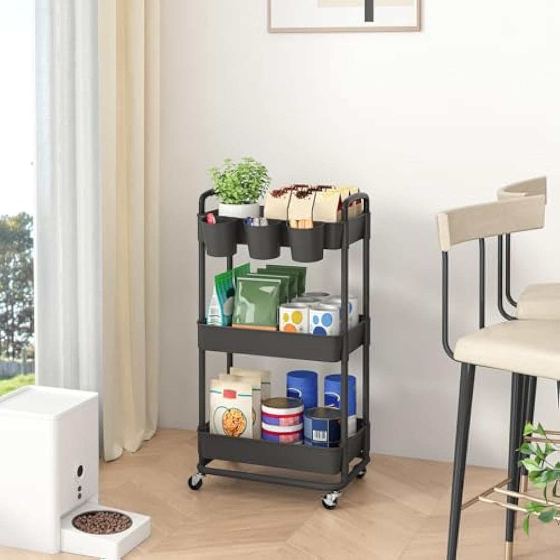 JIUYOTREE 3-Tier Rolling Utility Cart with Hanging Cups & Wheels - Black