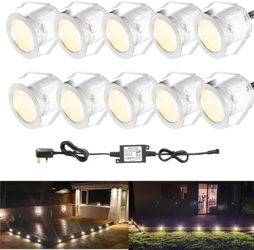 INDARUN Warm White LED Decking Lights - IP67 Waterproof Plinth Kit, 10 Pack