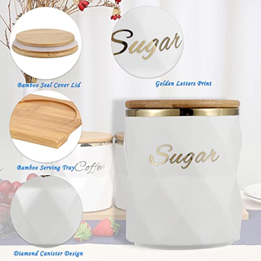 Ceramic Kitchen Canisters – 3pc Airtight Set with Bamboo Tray