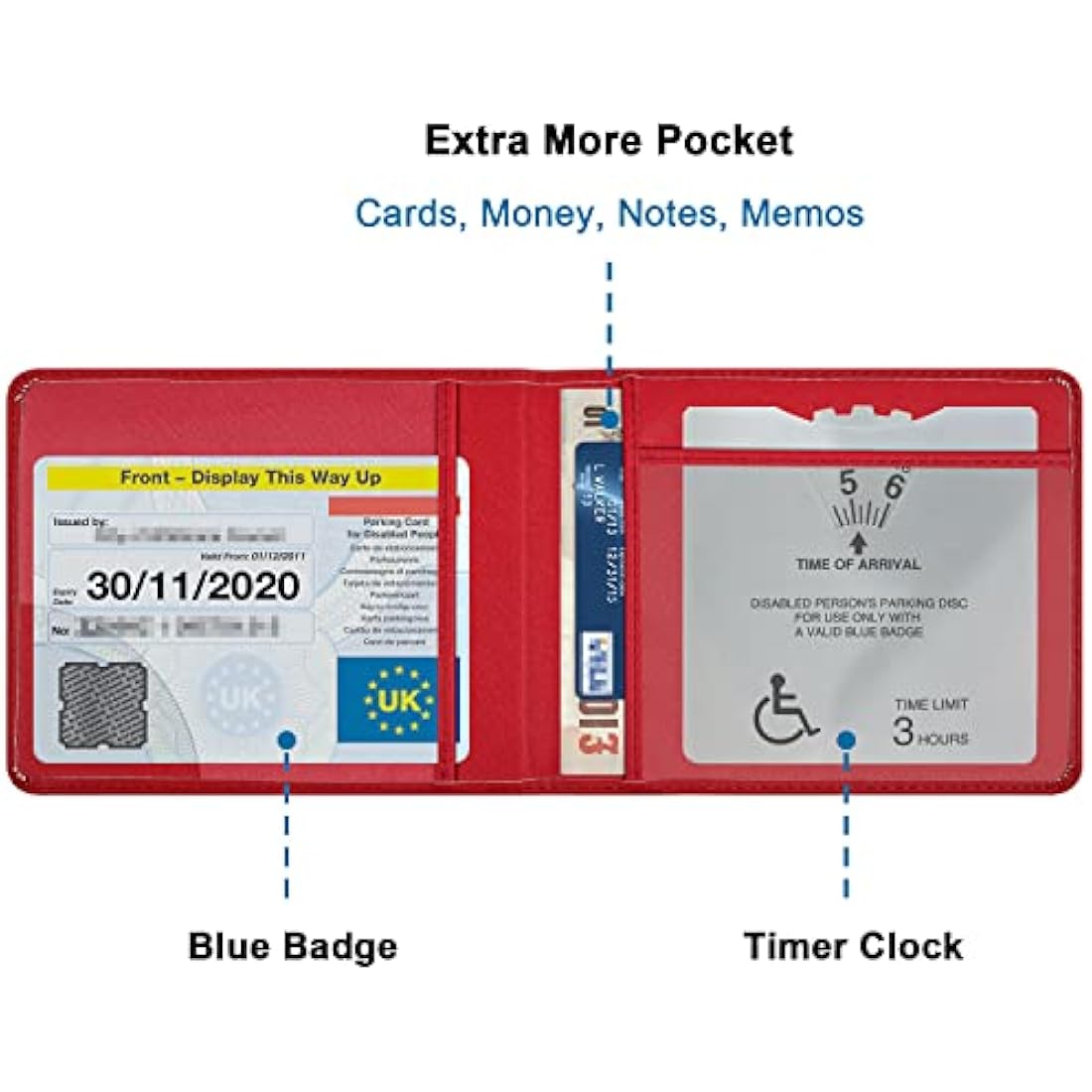 Wisdompro PU Leather Disabled Blue Badge and Timer Holder – Red