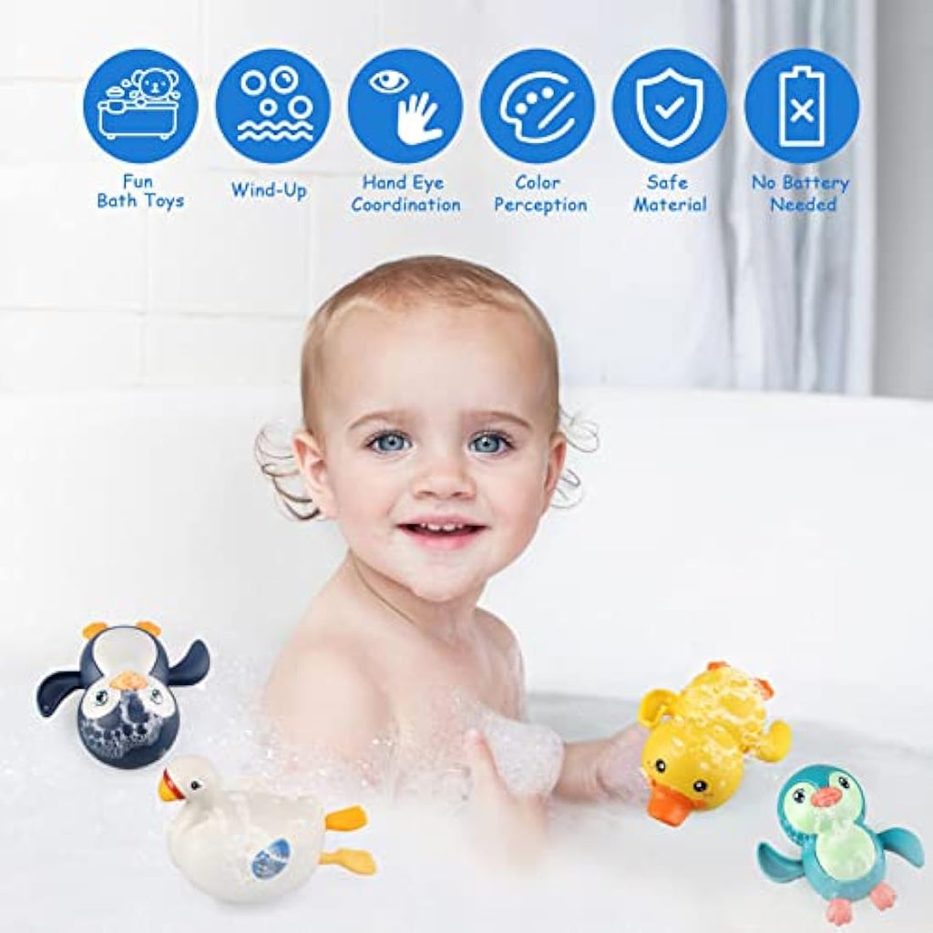 Baby Bath Toys – 4 Pack Wind Up Swimming Duck and Penguin