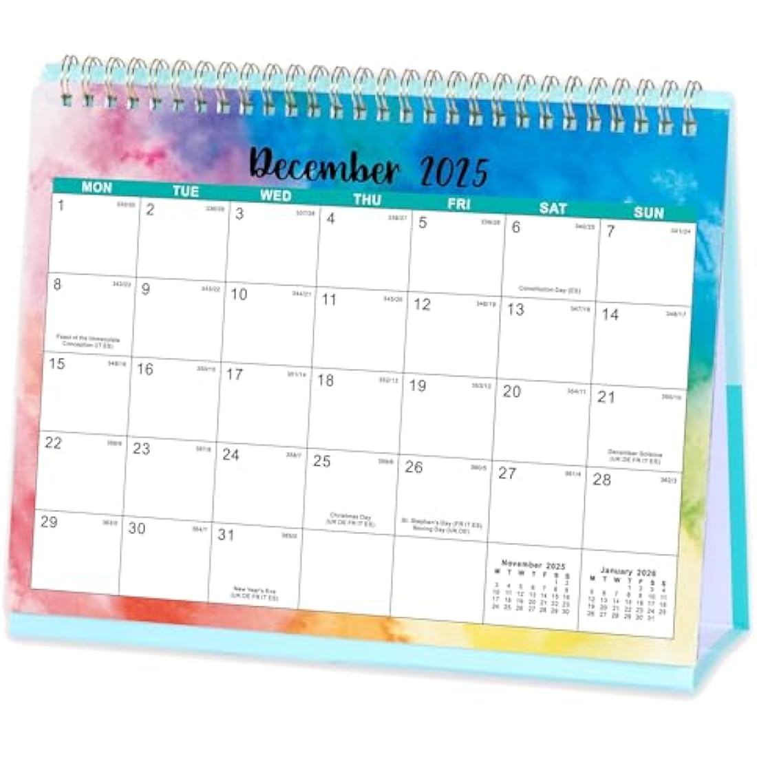 2025-2026 Desk Calendar – 18 Month Rainbow Watercolor Ink