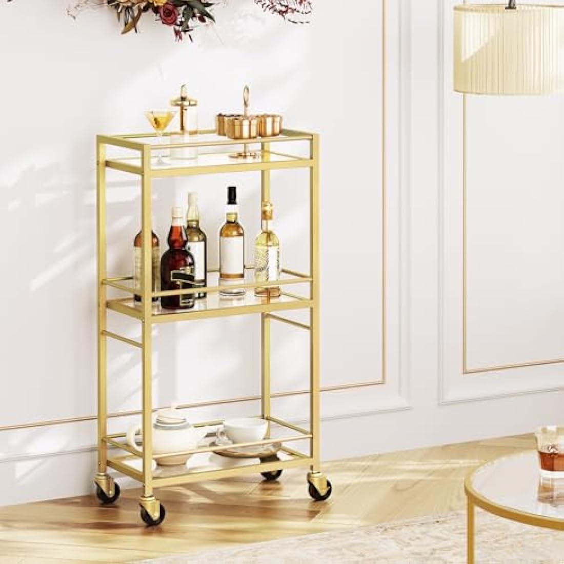 MAHANCRIS 3-Tier Gold Bar Cart | Tempered Glass Rolling Serving Trolley