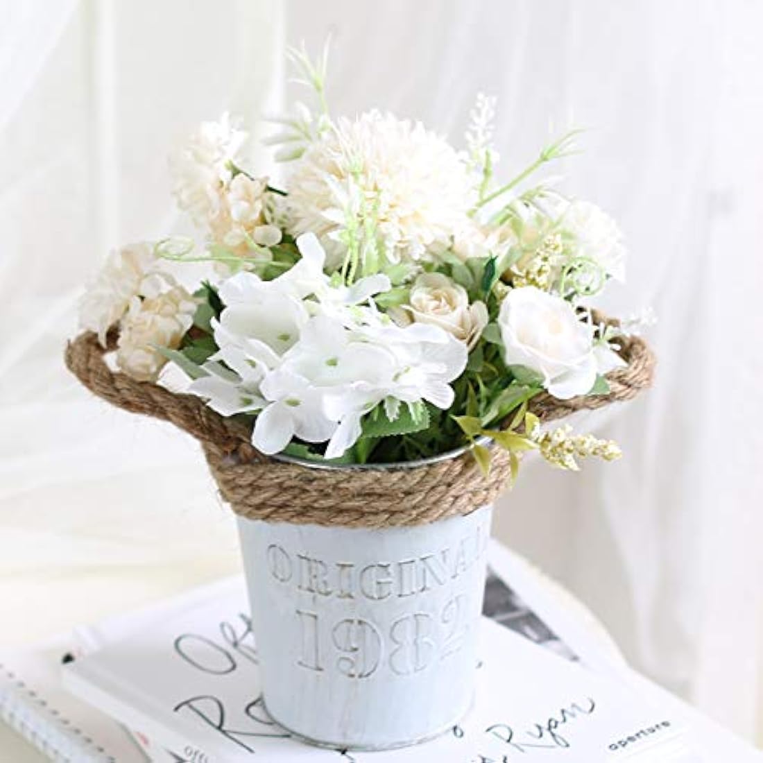 Artificial White Hydrangea and Silk Roses in Metal Pot