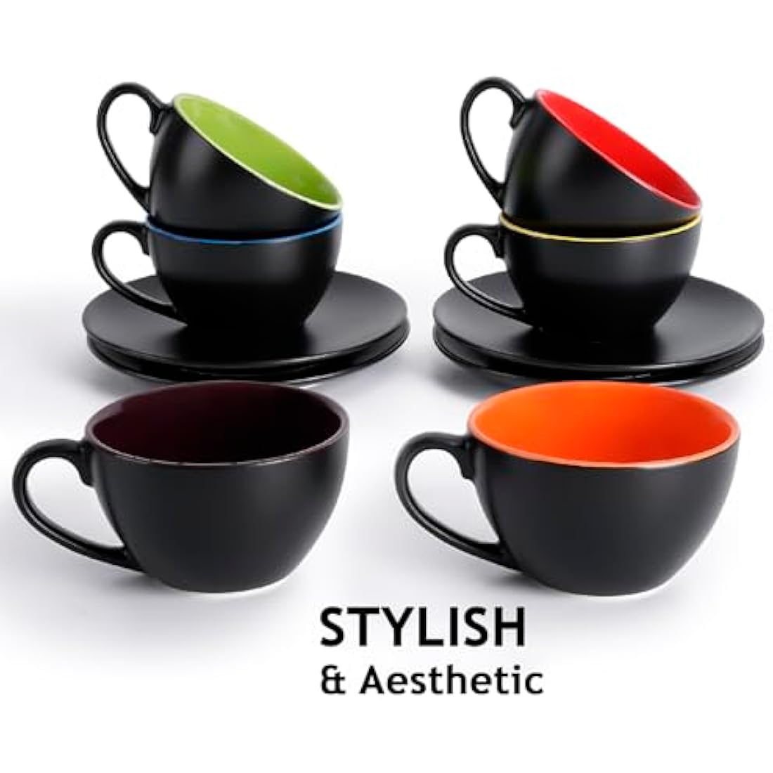 MIAMIO Ceramic Cappuccino Cups Set of 6 with Metal Stand – 175ml