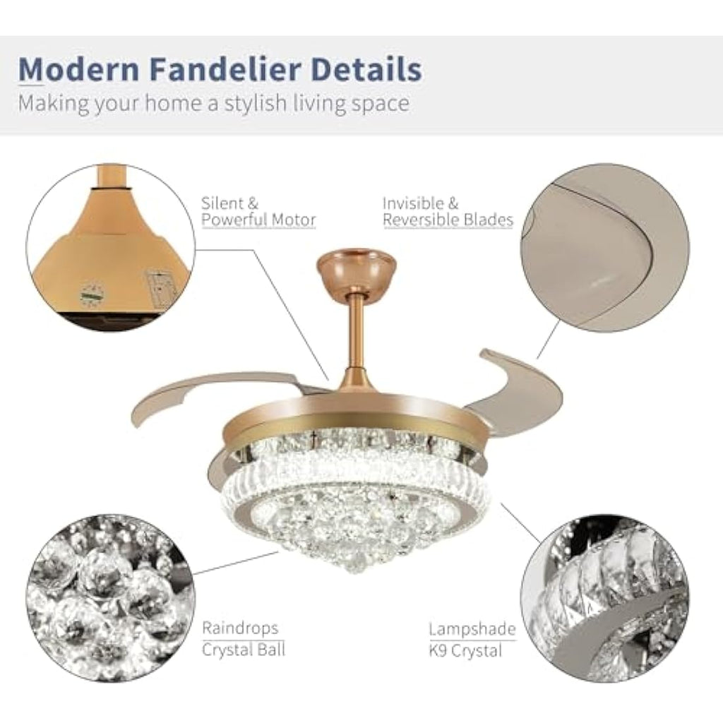 Depuley 42" Smart Crystal Ceiling Fan – Retractable Dimmable Fandelier