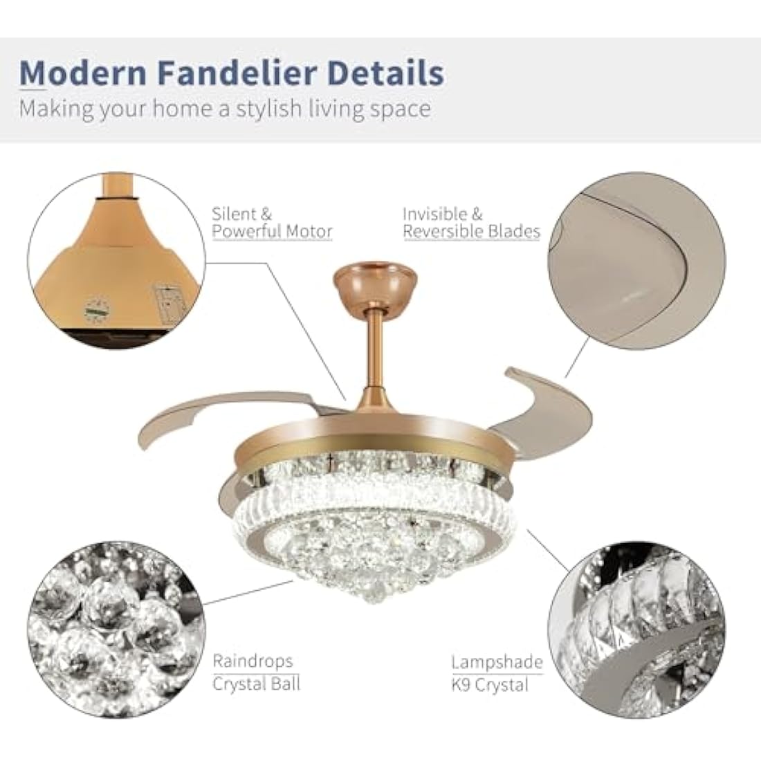 Depuley 42" Smart Crystal Ceiling Fan – Retractable Dimmable Fandelier