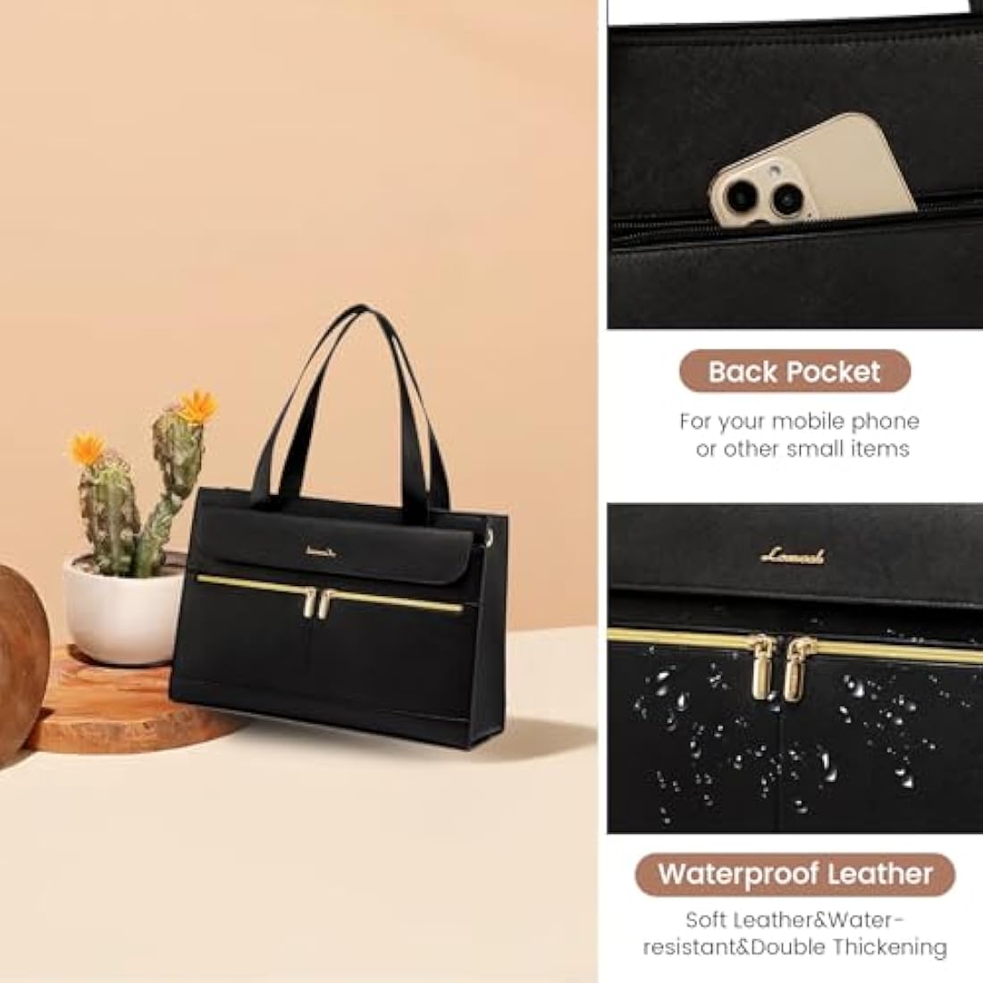 LOVEVOOK 15.6 Inch Laptop Bag for Women | PU Leather Work Tote, Black