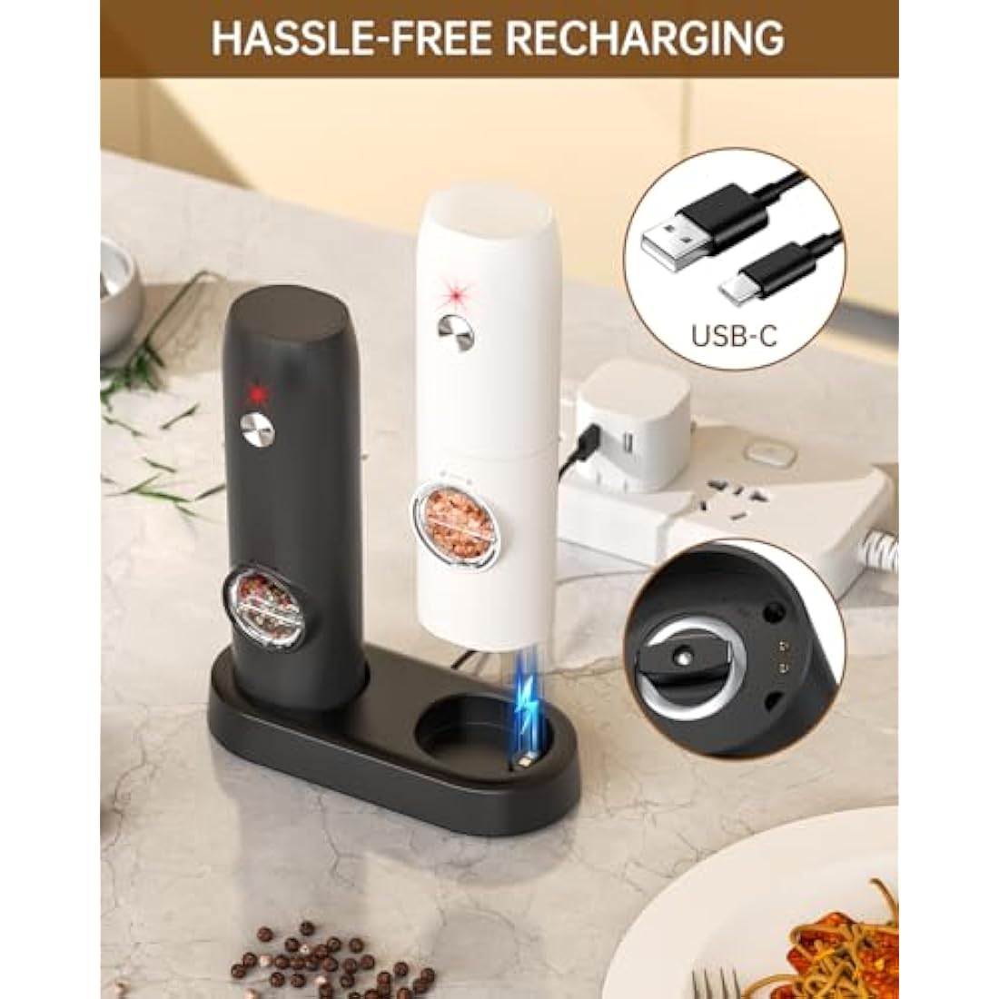 CIRCLE JOY Electric Salt and Pepper Grinder Set – Rechargeable 2-Pack