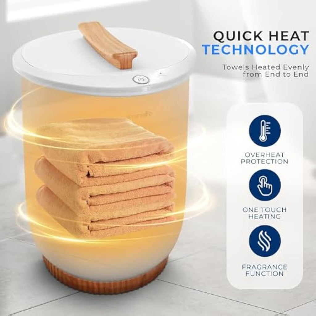 SereneLife Bucket Towel Warmer – Large White Spa Heater with Bamboo