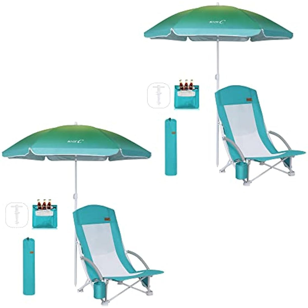 Nice C Heavy Duty Beach Chair 2-Pack with UPF 50 Umbrella & Cooler Bag