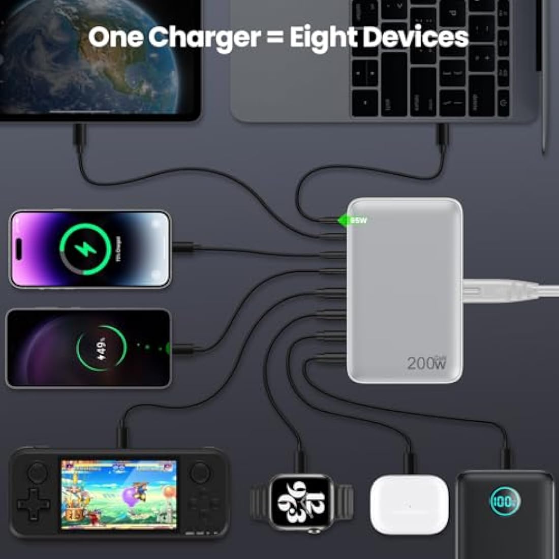200W GaN III 8-Port USB C Fast Charger Station – White
