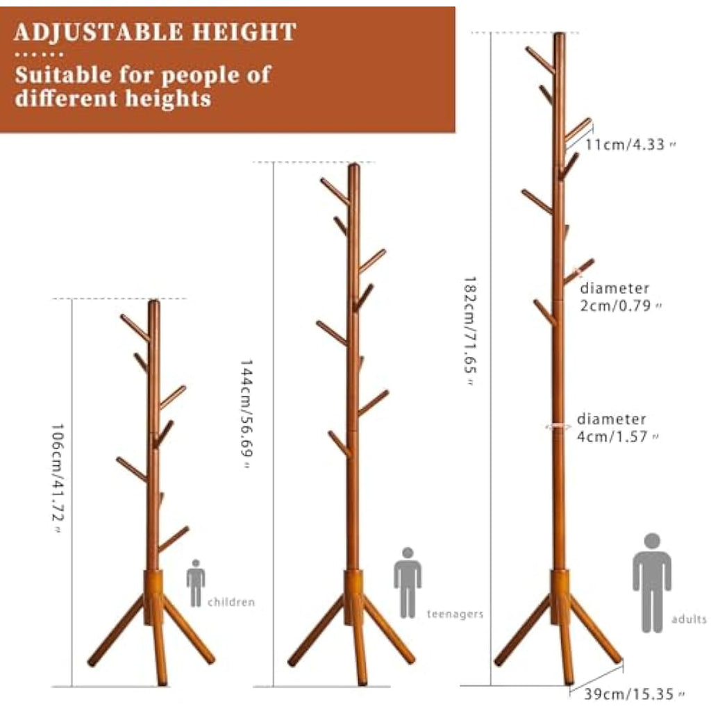 Aibiju Wood Coat Rack Free Standing | 8 Hooks Adjustable Height Tree
