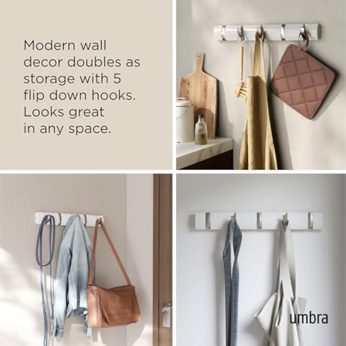 Umbra Flip 5-Hook Wall Mounted Coat Rack – Modern White/Nickel Hanger