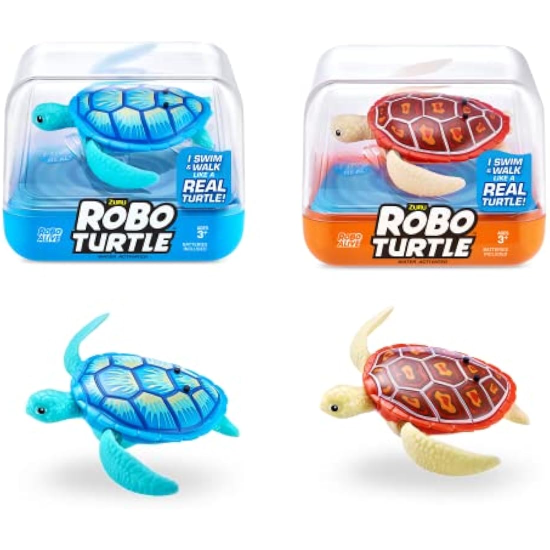 ZURU Robo Alive Robotic Swimming Turtle Bath Toy - 2 Pack, Orange & Blue
