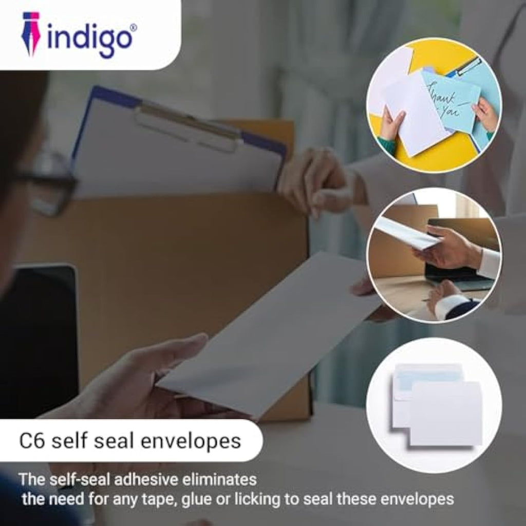 Indigo C6 White Peel & Seal Envelopes – 114 x 162mm (Pack of 500)