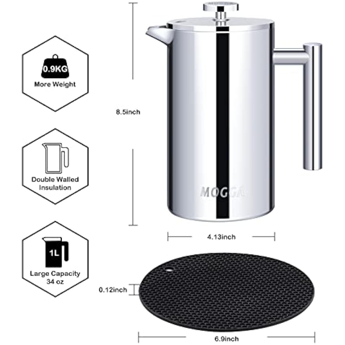 MOGGA French Press Coffee Maker | 34oz Insulated Stainless Steel Pot