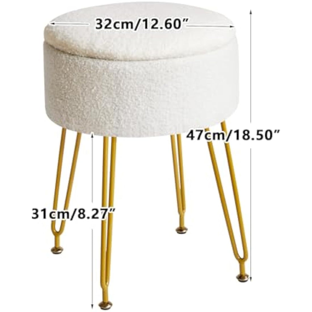 IBUYKE Teddy Velvet Storage Ottoman – Vanity Stool with Gold Legs, White
