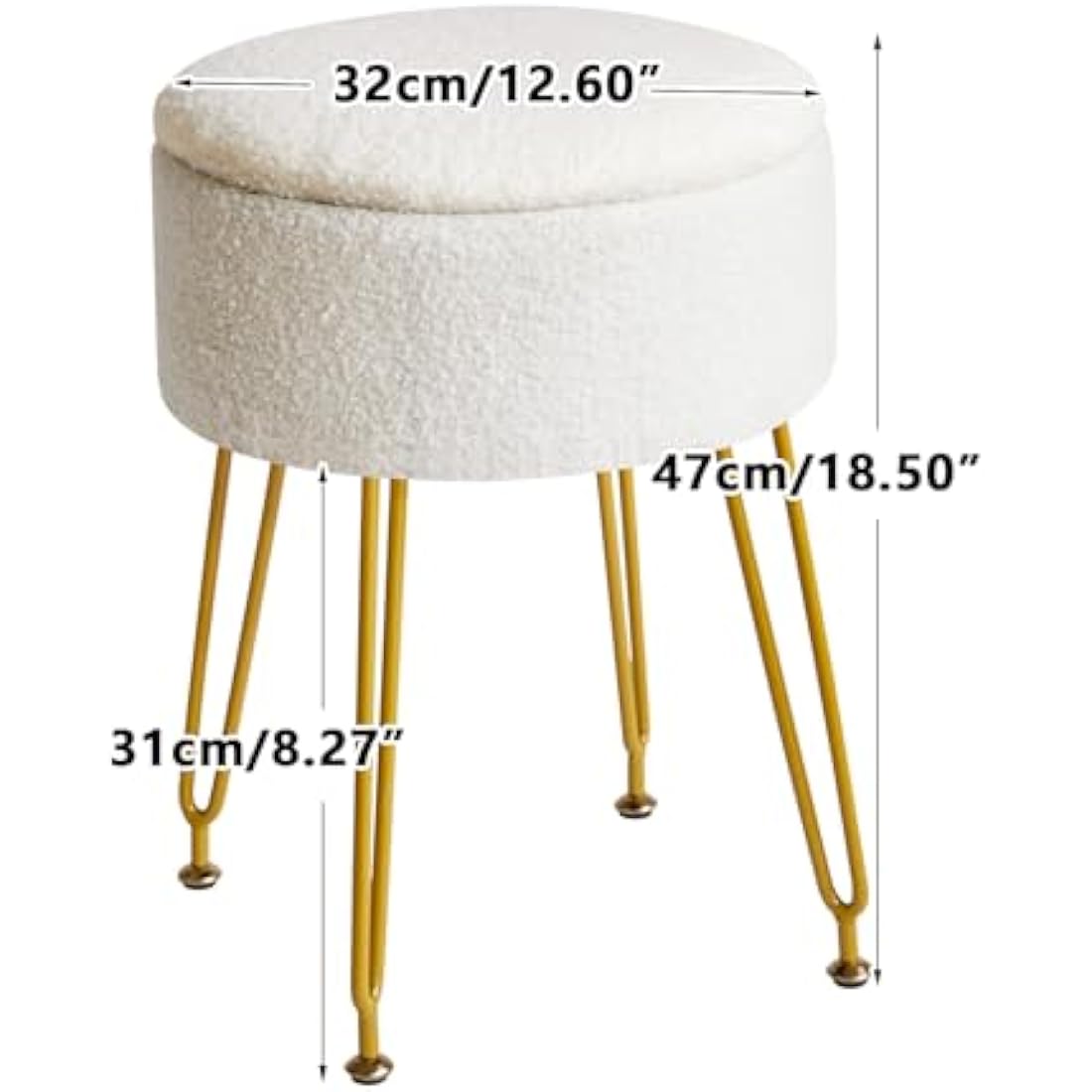 IBUYKE Teddy Velvet Storage Ottoman – Vanity Stool with Gold Legs, White