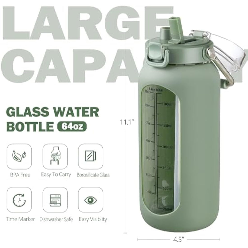 BLUEGO 2L Glass Water Bottle with Time Marker and Stainless Handle