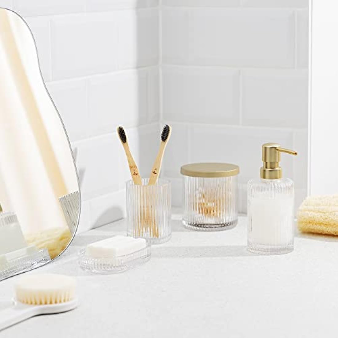 Navaris 4-Piece Ribbed Glass Bathroom Set | Clear & Gold Vanity Decor