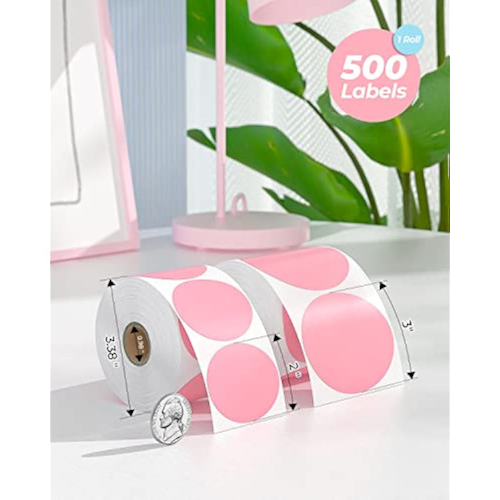 Munbyn 3" Pink Circle Thermal Sticker Labels | 500 Round Self-Adhesive Roll