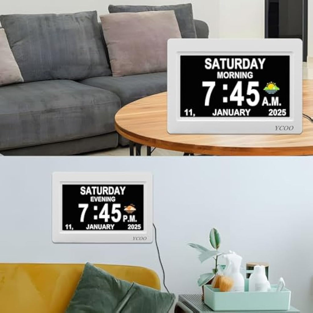 YCOO 7 Inch Digital Dementia Clock | Large Display Memory Aid - White