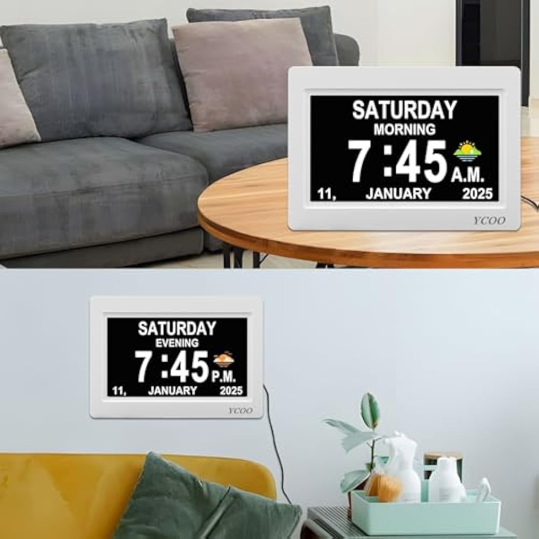 YCOO 7 Inch Digital Dementia Clock | Large Display Memory Aid - White