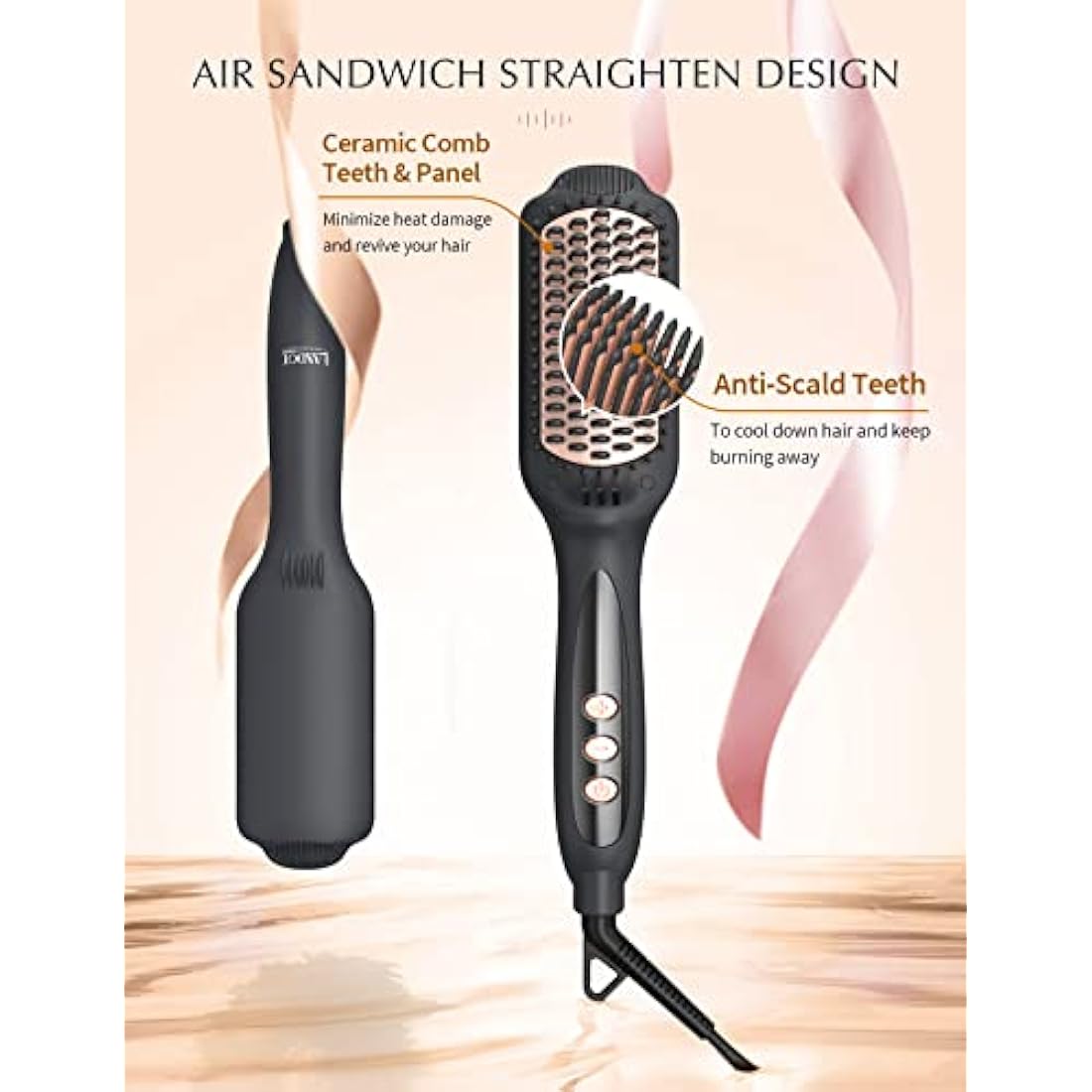 LANDOT Negative Ion Ceramic Hair Straightener Brush for Frizz Control