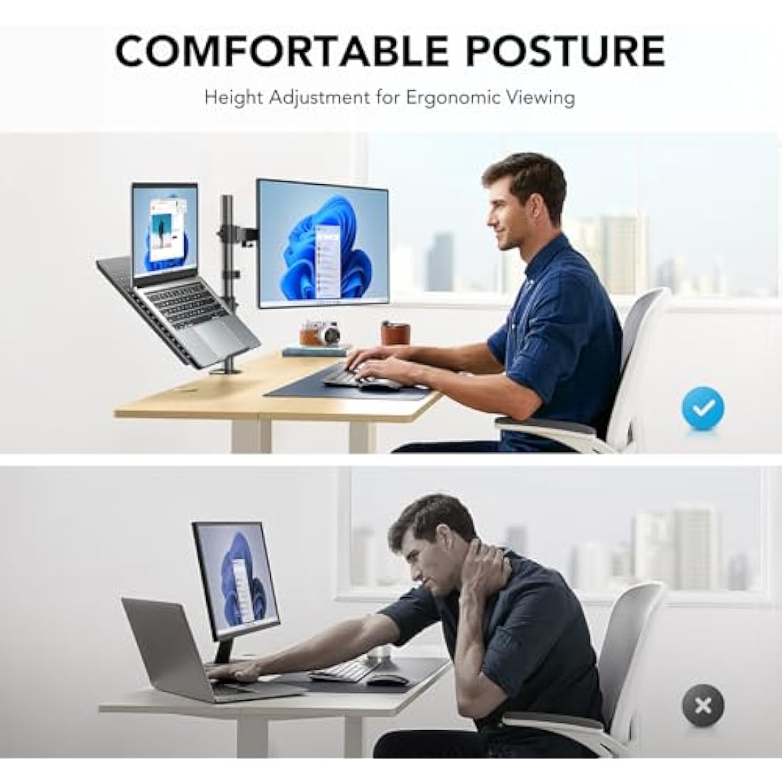HUANUO Monitor Arm and Laptop Tray | Dual Desk Mount for 13-32" Screens