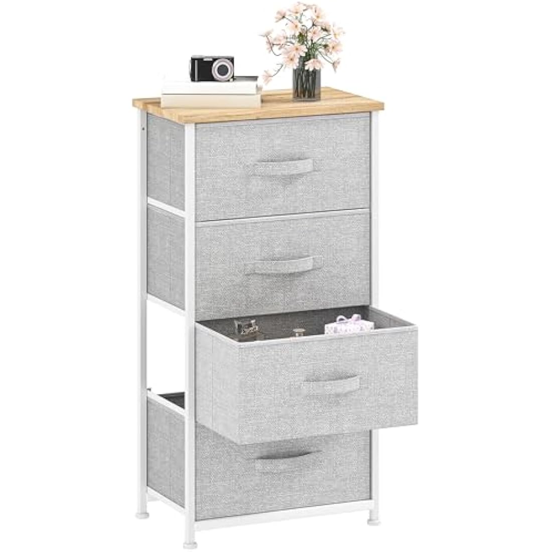DWVO 4 Fabric Drawer Chest – Steel Frame Bedroom Dresser, Light Grey