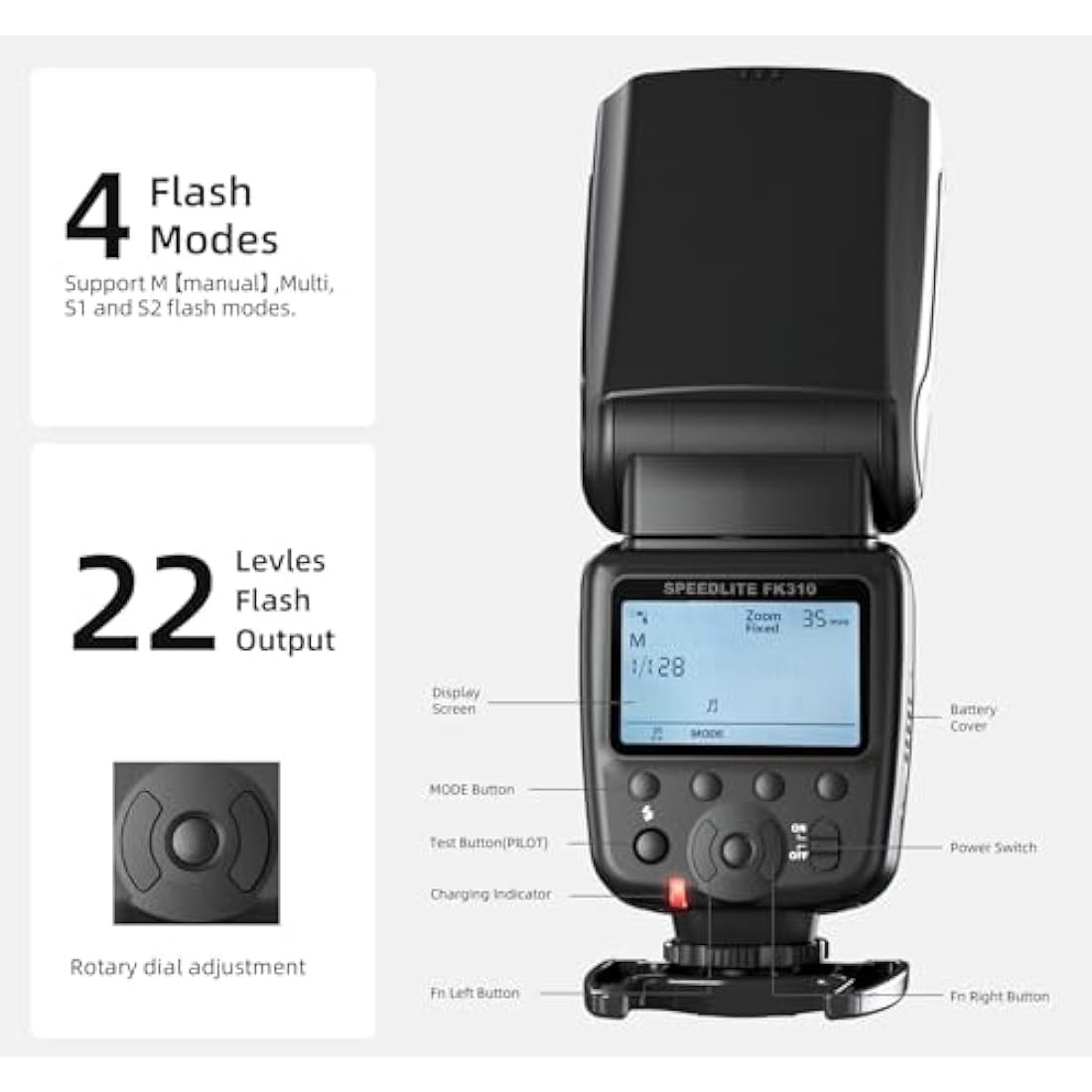 Photoolex FK310 LCD Flash Speedlite | Manual DSLR Camera Flash GN33