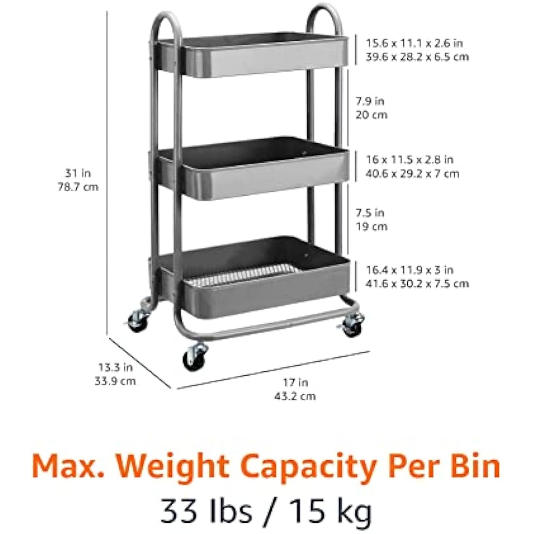Jolof Store 3-Tier Rolling Metal Utility Cart – Charcoal Kitchen Storage