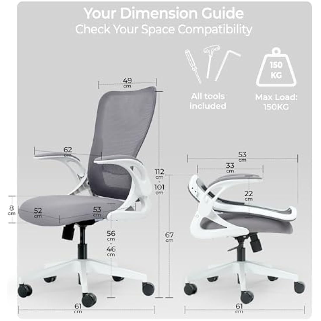 Tervo Model U – Foldable Ergonomic Mesh Office Chair with Flip-Up Arms