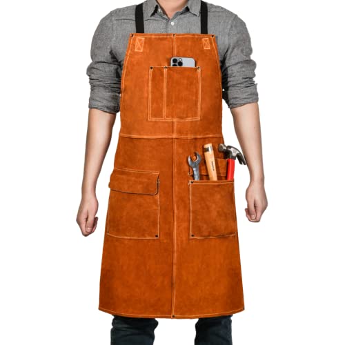 LEASEEK Leather Welding Apron – Heat Resistant Heavy Duty Work Bib